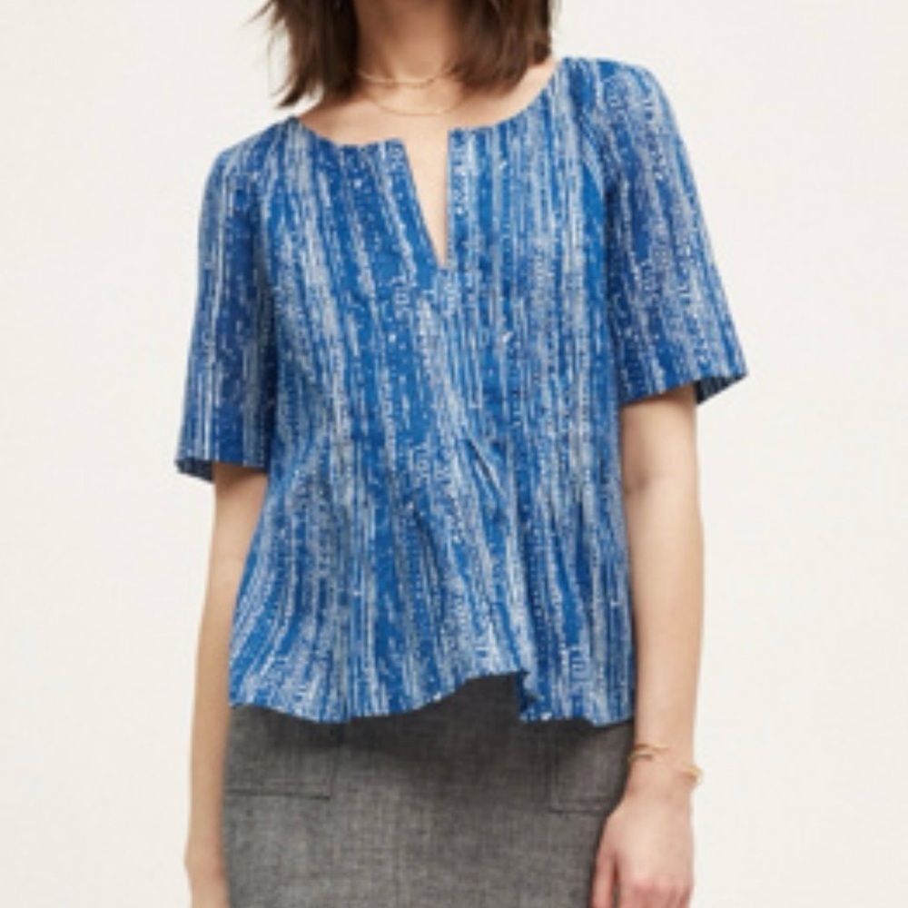 NWT Maeve Blue Orchid Island Short-Sleeve Split-Neck Blouse, 100% Cotton, Sz. 14